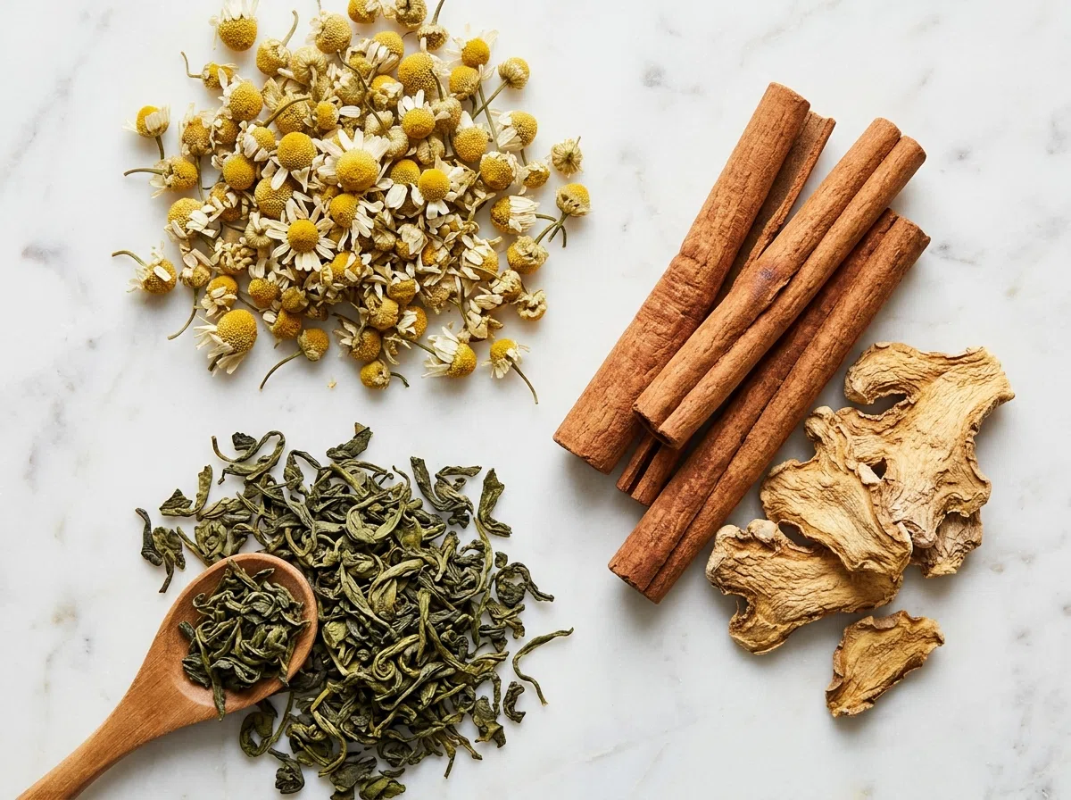 Assorted dried botanical herbs - plant extract wellness formula ingredients